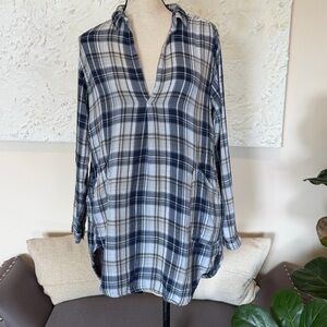 CP Shades Teton Shirt Tunic White Blue Plaid 100% Cotton Long Sleeve Sz S